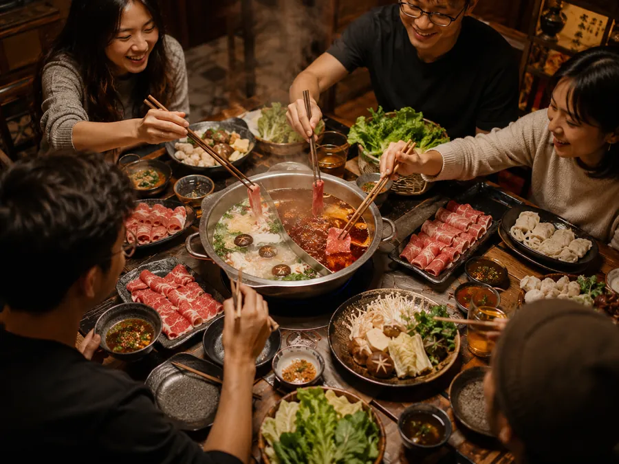 Un hot pot fumant au milieu de la table, les baguettes tout autour