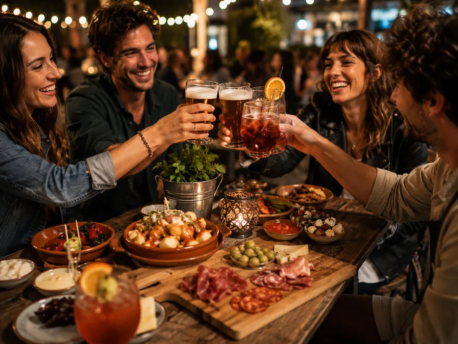 Des amis qui trinquent au-dessus des tapas, en terrasse sous les guirlandes