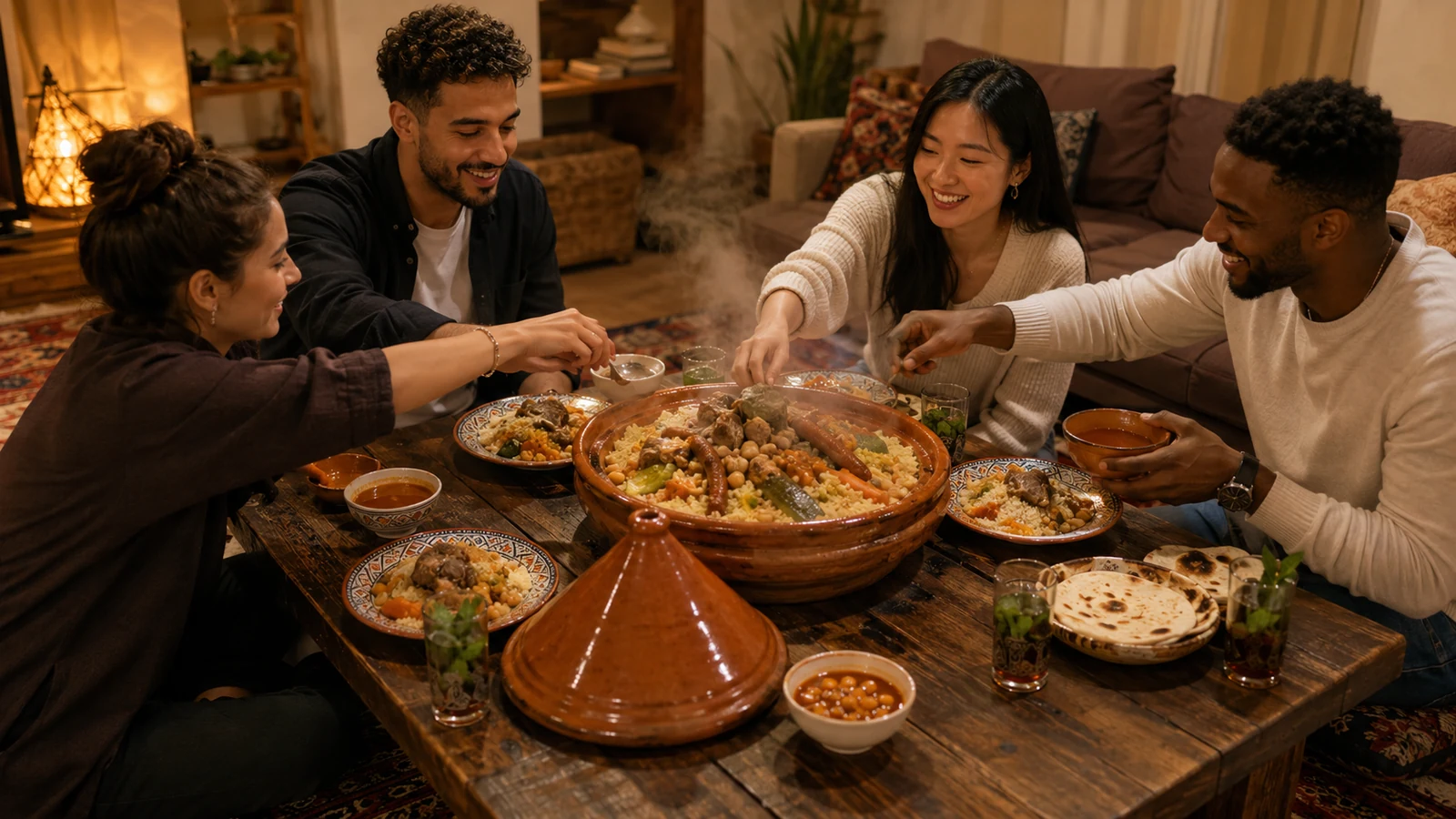 Quatre amis autour d'une table basse à la maison, les mains tendues vers un couscous encore fumant dans son plat