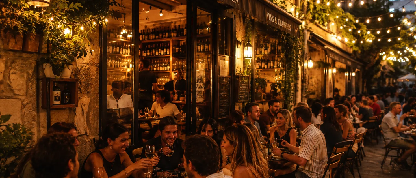 Un restaurant de rue bondé, des tables pleines de gens en pleine conversation