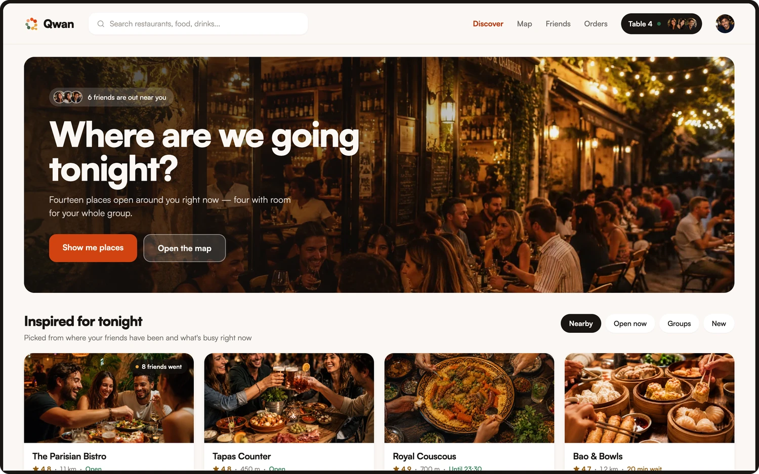 Where are we going tonight? — The Qwan web app on a desktop screen