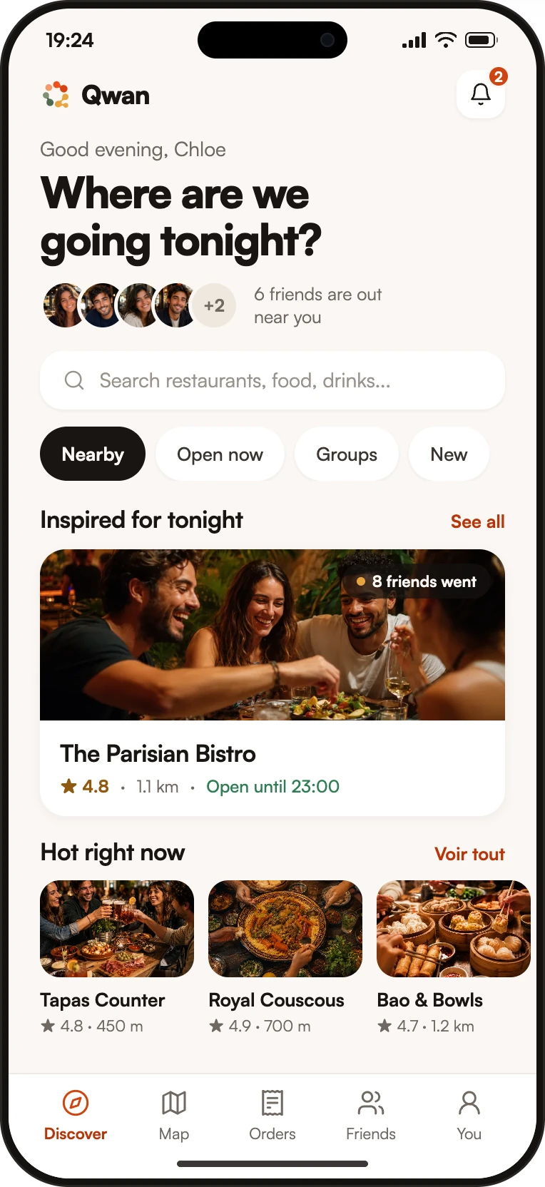 Where are we going tonight? — The Qwan web app on a phone screen