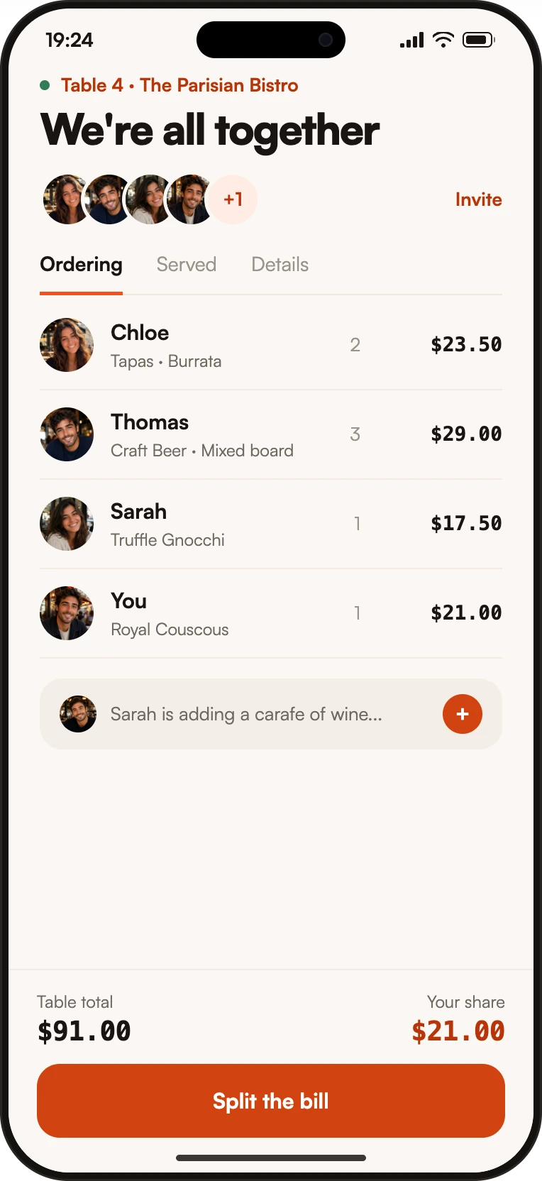 The Qwan menu on a phone, with a shared table summary docked at the bottom