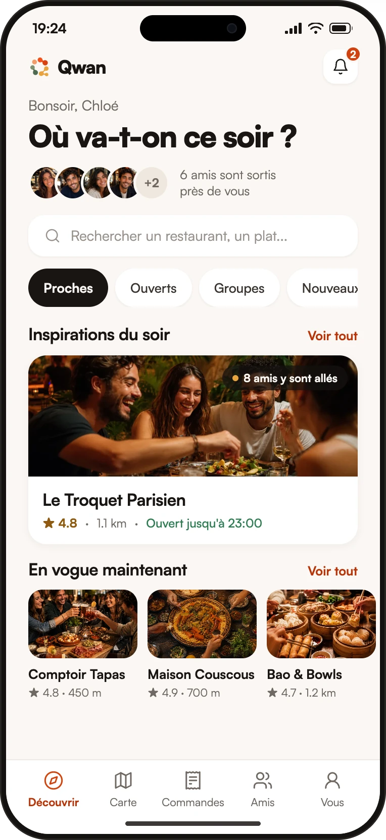 On va où ce soir ? — L'application web Qwan sur un écran de téléphone