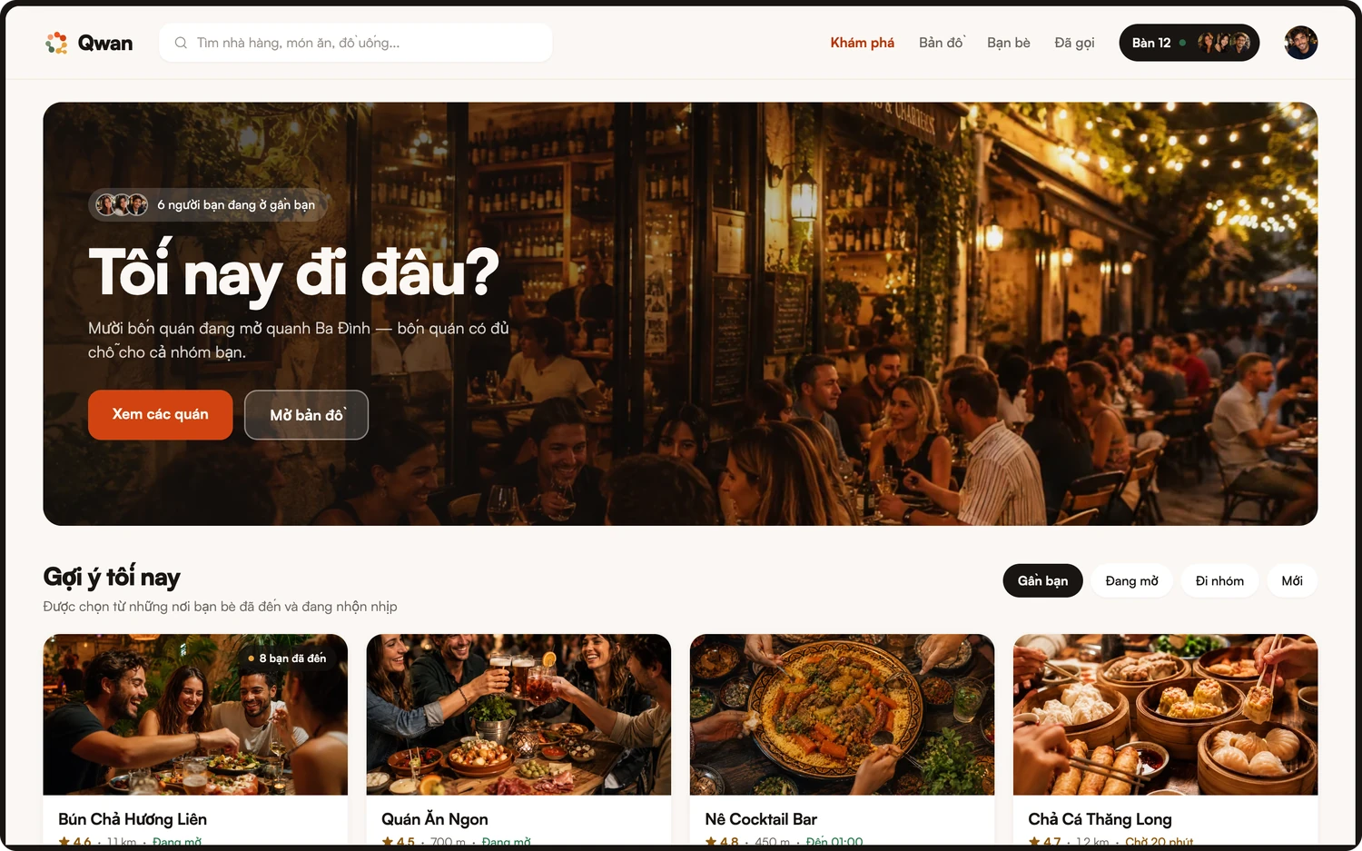 Tối nay đi đâu? — Ứng dụng web Qwan trên màn hình máy tính