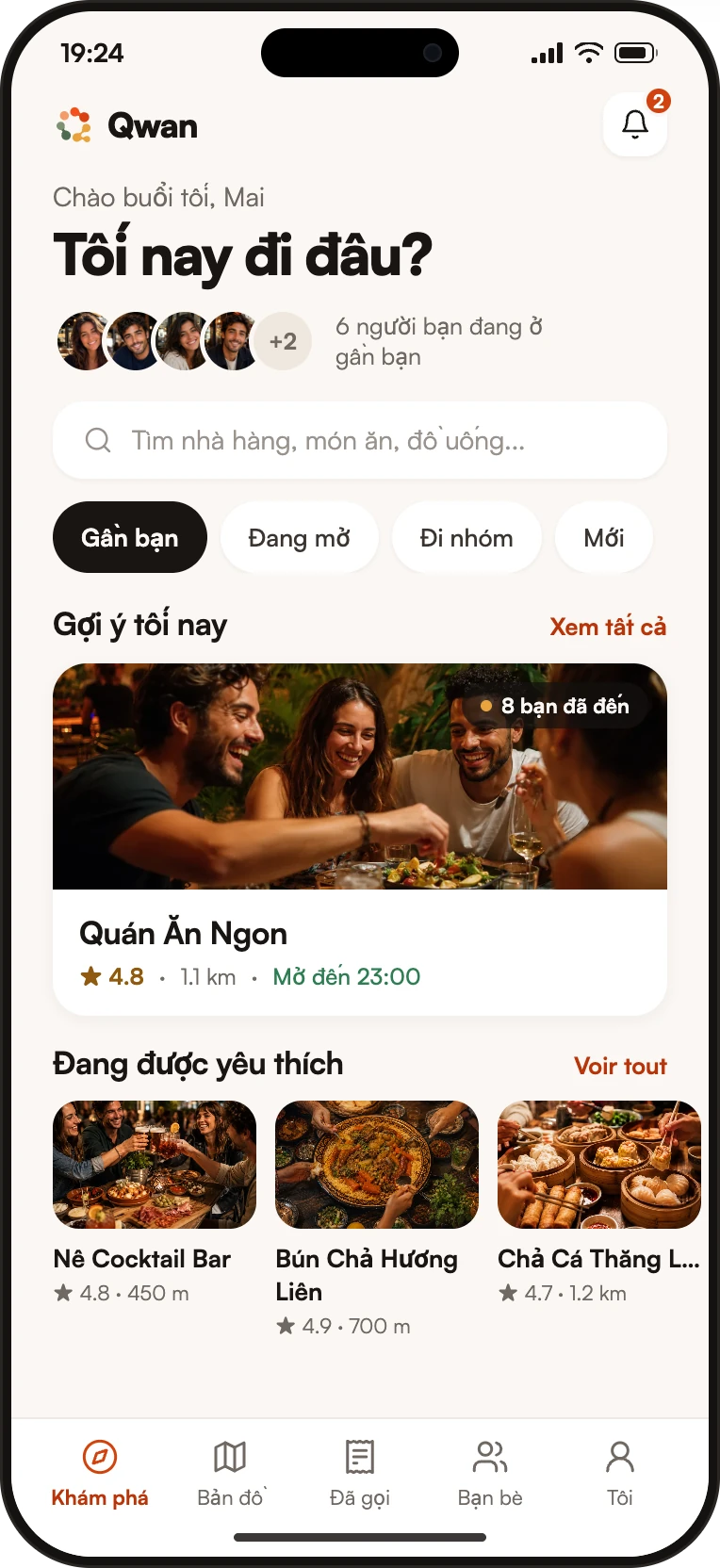 Tối nay đi đâu? — Ứng dụng web Qwan trên màn hình điện thoại